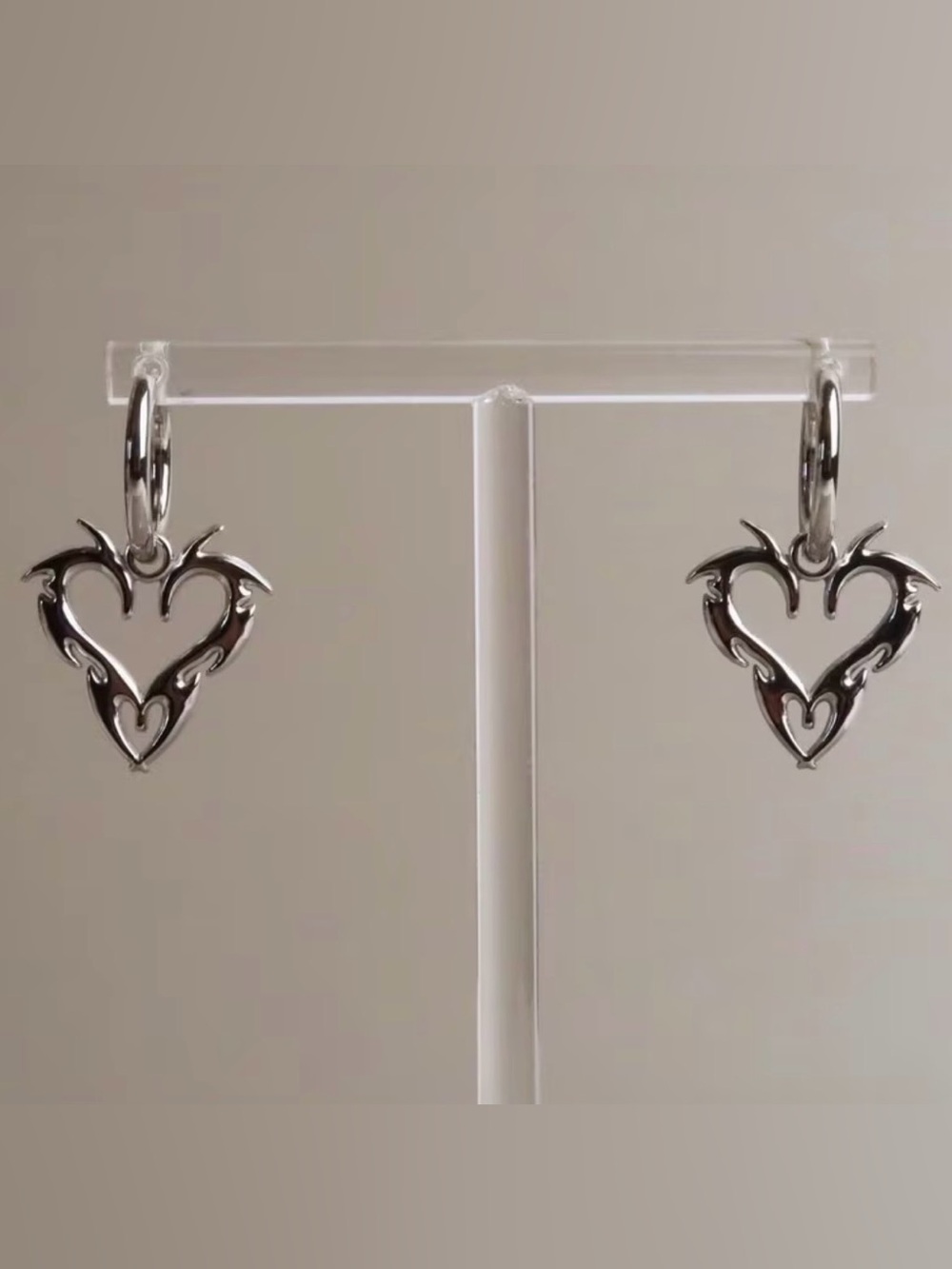 Stainless Flaming Tribal Heart Drop Hoop Earrings - Silver Tone